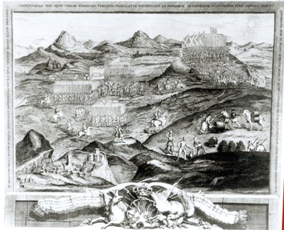 La formación de batalla de Carberry Hill cerca de Edimburgo con la rendición de María, Reina de Escocia, a los Lores Confederados de Escocia y la fuga del Conde Bothwell en 1567, grabado por el artista, 1743 de George Vertue